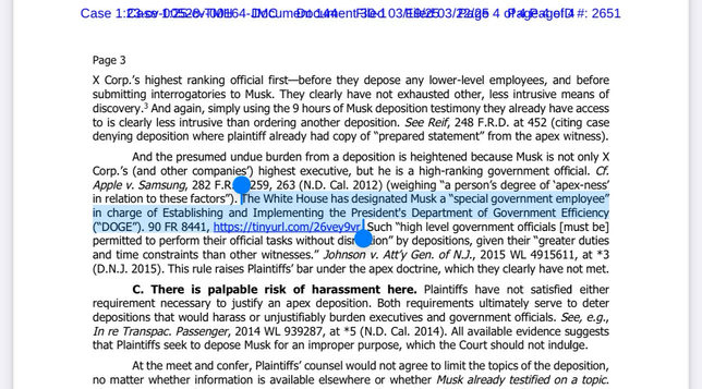 Highlighted portion: The White House has designated Musk a "special government employee" in charge of Establishing and Implementing the President's Department of Government Efficiency ("DOGE"). 90 FR 8441, https://tinyurl.com/26vey9vr