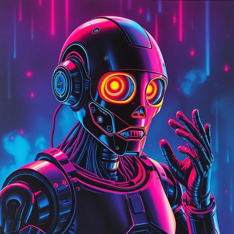 Image with seed 1368136957 generated via Stable Diffusion through @stablehorde@sigmoid.social. Prompt: artificial intelligence having an existential crisis, science fiction, cyberpunk, neon robot fantasy, 1980s, airbrush, blacklight poster