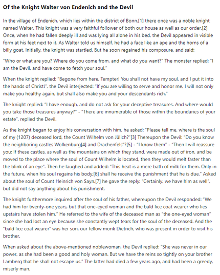 Part 1 of German folk tale "Of the Knight Walter von Endenich and the Devil". Drop me a line if you want a machine-readable transcript!