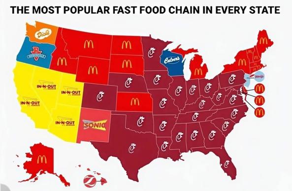 a map of the US. The entire south is Chick fillet and a the Midwest is McDonald's and The South West is In& out burger. Washington State is Dick's burgers.