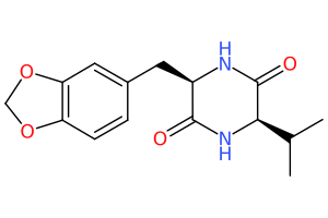 Chemical structure of 3-(1,3-Benzodioxol-5-ylmethyl)-6-isopropyl-2,5-diketopiperazine displaying atoms and bonds.