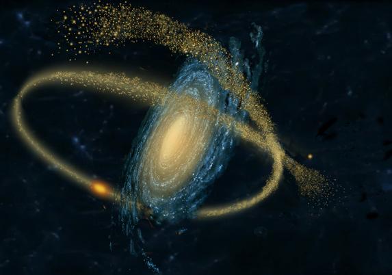 Galactic tendrils shed light on the evolution of spiral galaxies
Spiral Galaxies devour their satellites

Smaller satellite galaxies caught by a spiral galaxy are distorted into elongated star filled structures called tidal streams, as shown in this artist's impression. A new pilot survey has, for the first time, shown the tell-tale traces of spiral galaxies swallowing smaller satellites around star systems more distant than our own Local Group of galaxies.

  
* Illustration credit: Jon Lomberg