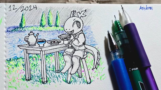 From my sketchbook 

kde's dragon Konqi dressed as Markl from howl's moving castle. He is sitting on a stool in a meadow with flowers next to a lake. He is holding a slice of toast in his hands. Next to him is a set table with a teapot, a bowl, and a plate. On the lake, there is a small island with trees in the distance. The sky is gray.

There is nobody filling in for sophie because I couldn't think of anyone that would fit