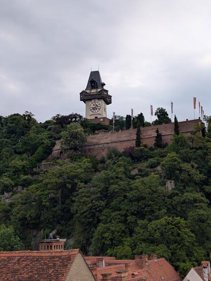 Es ist ein stark bewölkter Tag, wir blicken auf den Uhrturm von Graz.