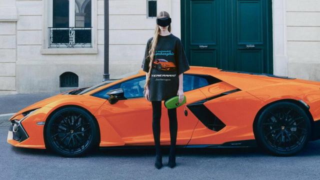 Model in Balenciaga in front of an orange Lamborghini Revuelto supercar.