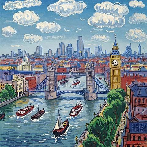 Tower Bridge spans the river, beneath a sky filled with fluffy clouds, with boats navigating the River Thames below. The iconic clock tower is prominently featured, and the city skyline rises in the background, creating a vibrant depiction of urban life.
