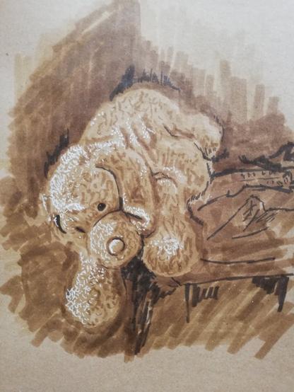 Sepia toned drawing of a large, floppy plushie dog.