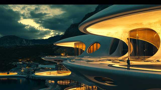 Crépuscule Futurium.
Architecture futuriste organique illuminée à la tombée de la nuit, face à un paysage montagneux.
Futuristic organic architecture glowing at dusk, facing a mountainous landscape.