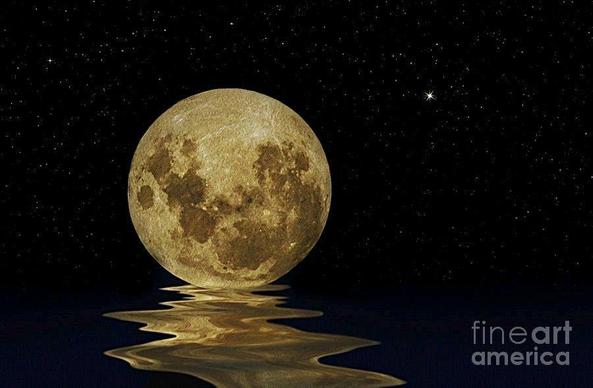 **ACHIEVED 1ST PLACE IN FAA CONTEST - "New Group MOONS - All Mediums"
**ACHIEVED EQUAL 2ND/3RD PLACE IN FAA CONTEST 'DARK' - June 2014.

My use of some digital software on one of my moon photographs to create a scene of a melting or molten moon glow on the water, with some stars in the sky, and Venus also in view on top right.
THE FINE ART AMERICA LOGO WILL NOT APPEAR ON PURCHASED PRINTS OR PRODUCTS.

By Kaye Menner 
https://kaye-menner.pixels.com/featured/molten-moon-kaye-menner.html