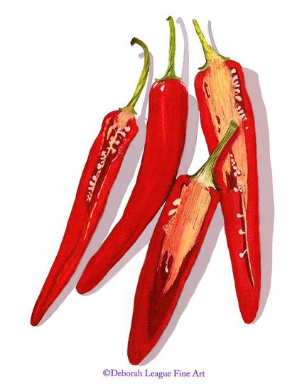 Add a burst of bold color and spice to your home décor with this stunning watercolor art print. Featuring four vivid red bird's eye chilies, this fine art print captures the rich texture and fiery personality of these iconic hot peppers. Perfect for kitchen art, food lovers, or anyone who appreciates botanical and culinary-themed artwork.