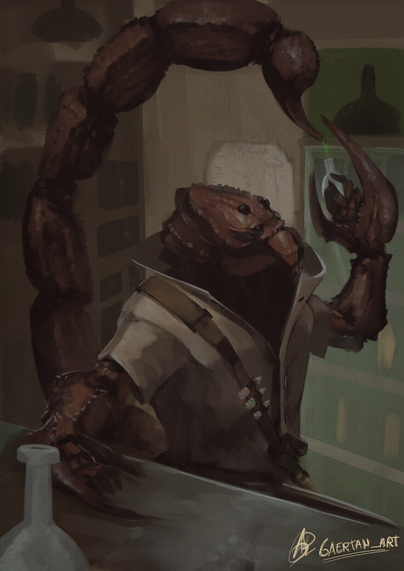 Digital illustration showcasing an anthropomorphic scorpion, wearing a labcoat, and a bandolier with some vials and a pouch,sitting behind an apothecary(old pharmacy)'s counter. They are dropping some poison from their tail into a vial for refining into some kind of healing tincture later.