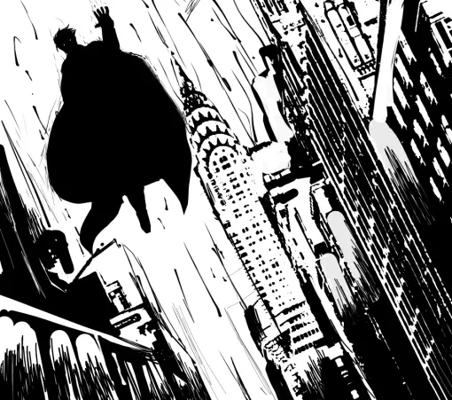 It's Sentry from the news Avengers movie flying in a creepy way above The buildings of New york