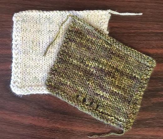 Two swatches, one green, one white streaked with green and lavender, created by holding two strands together, to obtain proper weight