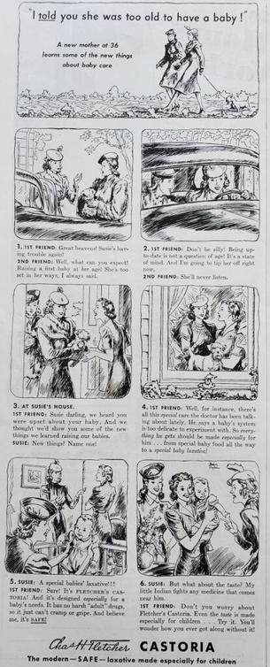"I told you she was too old to have a baby!" (Fletcher's Castoria ad from Country Gentleman magazine 1940)