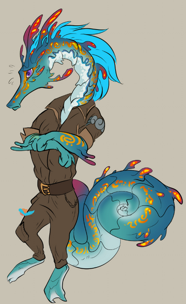 bluish seahorse athro with a very long neck & tail. she have red/orange marks and an electric blue mane.
she got a mecanic brown outfit