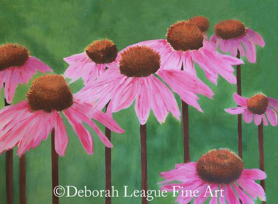 Field of coneflowers, watercolor. These beautiful pink flowers with heavily mounded spiky orange centers sit high atop tall stems and are cultivated in gardens to provide color and attract butterflies, birds, and bees.