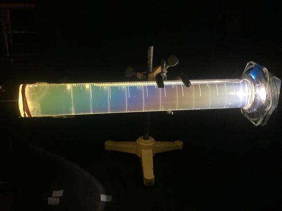A sugar solution glows in rainbow colors against a black backdrop in this photo. A large (500 ml) graduated cylinder filled with a sugar solution is held sideways. White light passes through a polarizer and then shines into the solution, creating a glowing spiral of colors: white, yellow, orange, red, purple, blue, green, and back to yellow at the far end.