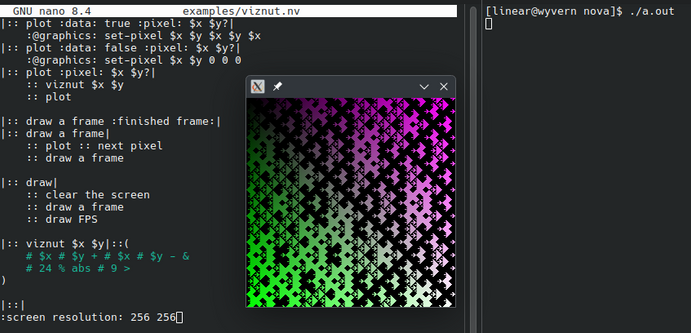 A program drawing a multi-colored Viznut program in a literate programming language named Nova. The program has been compiled to C.