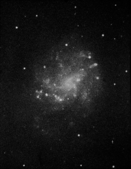 A grainy, black and white image of a face-on spiral galaxy. It's arms are not well defined, so the galaxy's stars and gas appear to form a patchy circle around the galaxy's central bar. Several white dots, which are stars, are seen on the black background.