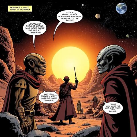 Image with seed 3878173603 generated via Stable Diffusion through @stablehorde@sigmoid.social. Prompt: Darmok and Jalad at Tanagra, comic book page, science fiction, epic space opera, humanoid aliens, star trek