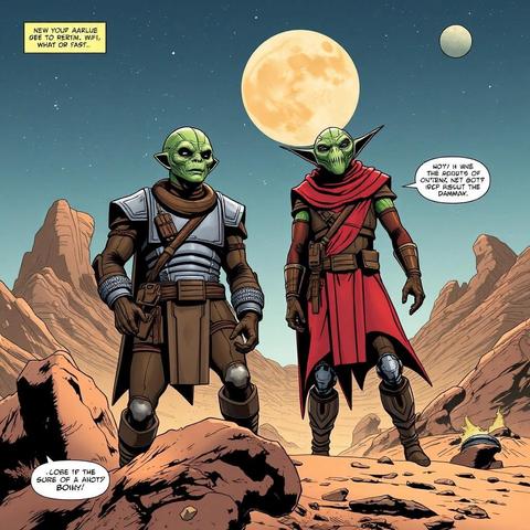 Image with seed 3878173603 generated via Stable Diffusion through @stablehorde@sigmoid.social. Prompt: Darmok and Jalad at Tanagra, comic book page, science fiction, epic space opera, humanoid aliens, star trek