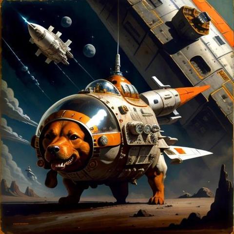 Image with seed 954726068 generated via Stable Diffusion through @stablehorde@sigmoid.social. Prompt: a Laika dog in a spacesuit in front of a spacecraft, , 1970retrofuturism