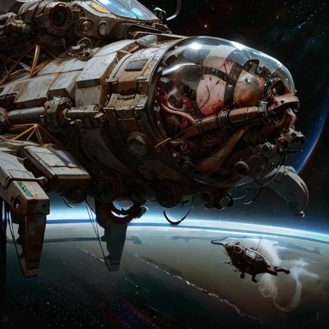 Image with seed 110203186 generated via Stable Diffusion through @stablehorde@sigmoid.social. Prompt: a Laika dog in a spacesuit in front of a spacecraft, , BiopunkAI