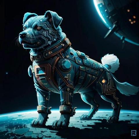 Image with seed 191461346 generated via Stable Diffusion through @stablehorde@sigmoid.social. Prompt: a Laika dog in a spacesuit in front of a spacecraft, , CircuitBoardAI