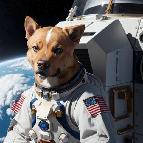 Image with seed 498155629 generated via Stable Diffusion through @stablehorde@sigmoid.social. Prompt: a Laika dog in a spacesuit in front of a spacecraft, , grecopunkai