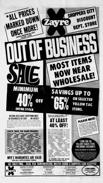 May 22, 1980: Zayre Shoppers City 'Out of Business Sale' Advertisement  (Minneapolis / St. Paul area)