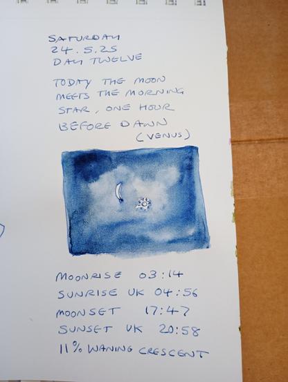 Writing about moon meeting morning star with little ink sketch imagining what it looks like