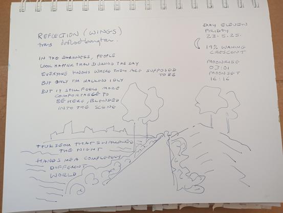 Ink line sketch of the river path at Ttukseom Hanging Park, with writing about the moon and BTS. Some words are in the river.