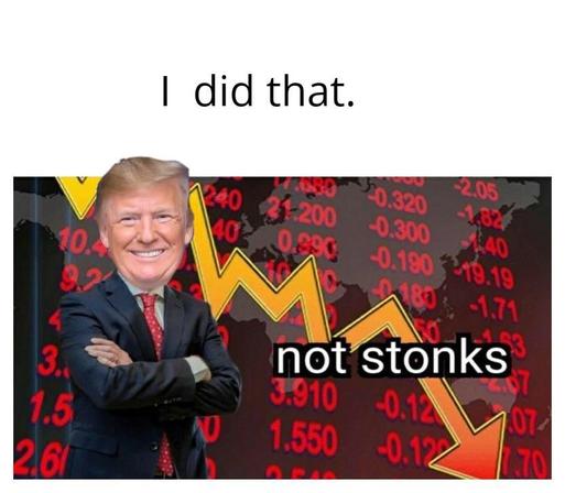image features a man in a dark suit with a red tie, standing with his arms crossed. He is positioned in front of a background displaying a stock market screen with red numbers and a large yellow downward arrow, indicating a decline in stock prices. The text "I did that." is at the top of the image, and "not stonks" is written at the bottom, with the word "stonks" humorously misspelled as "stonks." The overall theme of the image suggests a connection between the man and the stock market downturn