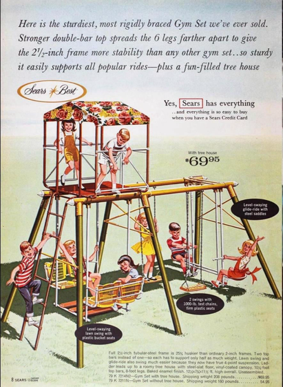 The advertisement shows your typical swing set. With a frame metal tubes two distinct sections. Swings on one side and a seesaw swing on the opposite side. Unique to this one is that there’s a ladder that goes up to a small cage on top that seems to create some type of fort. The roof is in a flower pattern. Very 60s.
