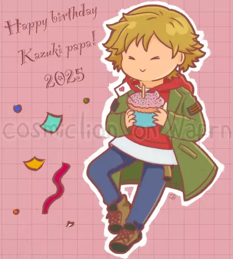 Digital flat color illustration of Kazuki Kurusu from Buddy Daddies, drawn in chibi style. He is smiling and holding a cupcake covered in pink glaze and colorful sprinkles with a birthday candle and a tiny sign with a heart on it. The background is pink with a faint grid pattern and some colorful confetti on the left side. On the upper left corner it says "Happy birthday Kazuki papa! 2025" in whimsical font.