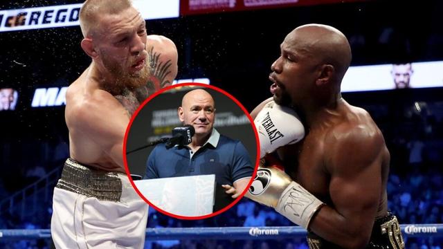 Main: Floyd Mayweather Jr. and Conor McGregor throw punches during their super welterweight boxing match in 2017 at T-Mobile Arena in Las Vegas. In...