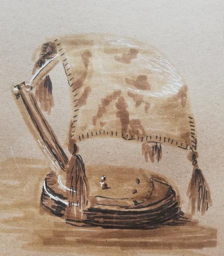 Sepia sketch of a magnifying glass on a wooden stand with adjustable legs. It's under a cover because it lives in a room with a lot of sunlight and I don't want it to set fire to itself!