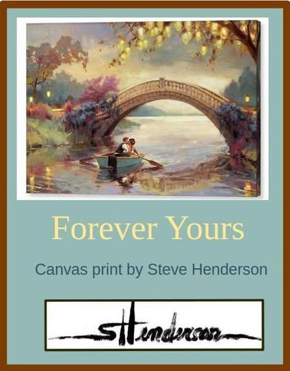 Canvas print of an original, hand-painted oil painting depicting a couple in a rowboat, kissing.