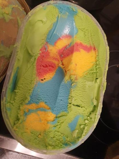 Rainbow ice cream - Strawberry, Lime, Peach, and Vanilla for the blue.