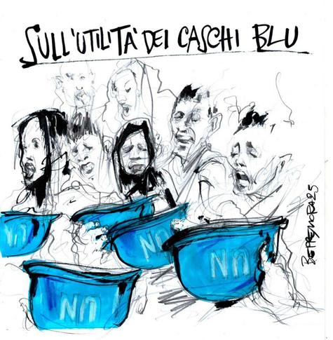 'Sull'utilità dei caschi blu'.

Nel disegno, delle mani reggono alcuni caschi blu che vengono usati come contenitori. 
Sullo sfondo numerose persone affamate.