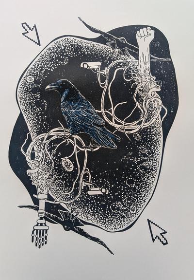 Linoprint in Black and Blue. A Raven in the middle sitting on branches that grow out of a fist on the right side and a robot hand on the left side in symetrical alignment. The image displays two smaller flying ravens, two surveillance cameras and a shape with dots on it.