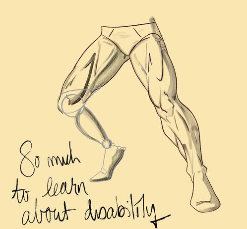 A rough sketch of the lower half of a male model. Two legs, one real, stretched out and more front facing, and the other is prosthetic, on tippy toes, perpendicular to the other.