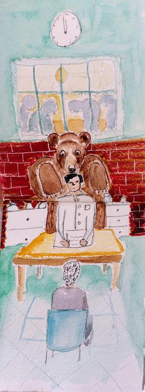 ' There's a bear in my room which won't go away,' Miri says.
'I'll tell nurse to add an antipsychotic to your medication.' The doctor scribbles a note to himself. 
'I told you to keep your mouth shut about me,' says the bear in Miri's head.
Bear looming over psychiatrist with Miri sitting in front of his desk and depressed looking people through the window. Clock at 12.