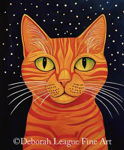 A vibrant orange cat with striking green eyes stands out against a dark, starry background. The cat's bold stripes and intense gaze give it a whimsical and captivating presence.