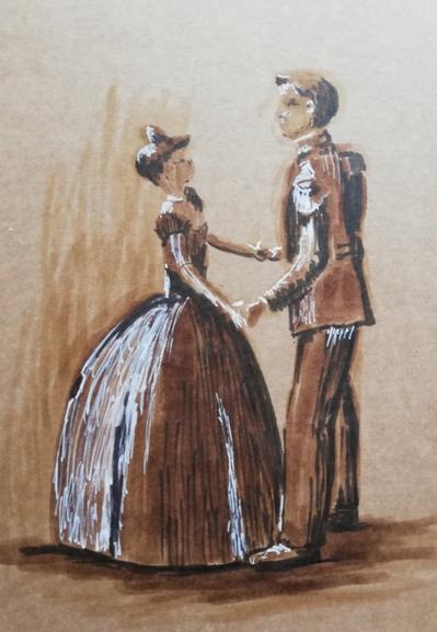 Sepia sketch with white highlights of a wind up toy - Cinderella and her Prince?