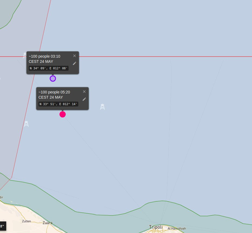 Eine Karte zeigt die Position der beiden Boote in Seenot tief in internationalen Gewässern nördlich von Zuwarah, Libyen.

1. "~100 people 03:10 CEST 24 May" bei:
N 34° 09' , E 012° 08'.

2. "~100 people 05:20 CEST 24 May" bei:
N 33° 51' , E 012° 14'.