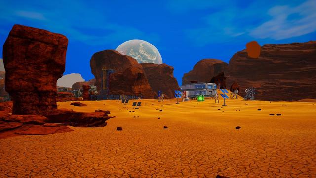 Game screenshot, on a barren planet with a blue sky, a space-base is in the distance