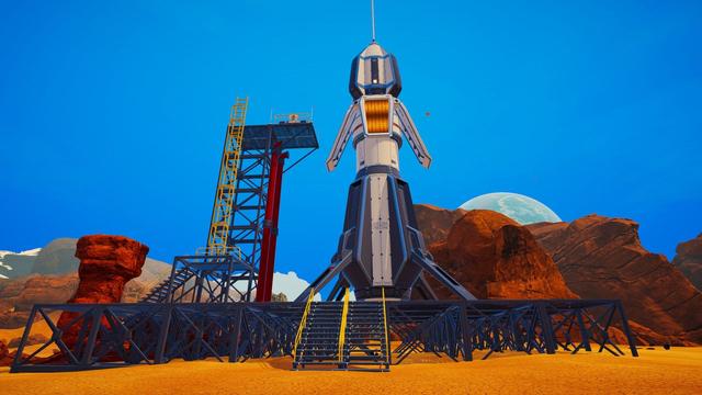Game screenshot, rocket on launchpad ready to take off