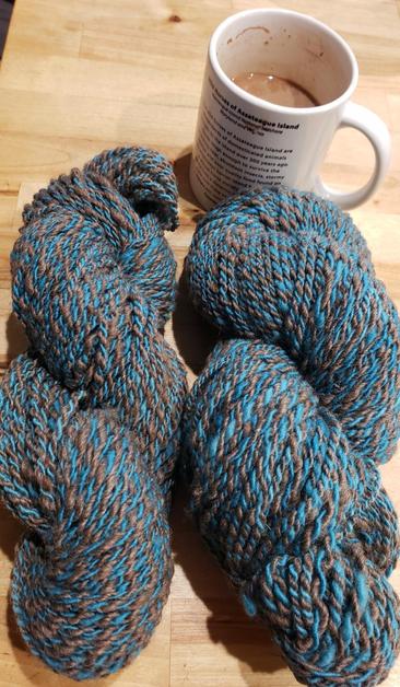 Two matching hanks of hand spun yarn; barber pole robin-egg blue Gulf Coast and grey/brown Blue-Faced Leicester.