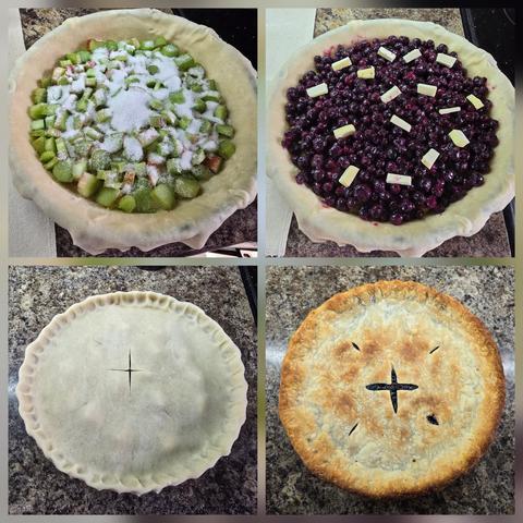 Pie at 4 stages. 
The first is a pie crust filled with chopped rhubarb, covered in sugar. The second has a layer of blueberry filling with dabs of butter. The third has a pie crust added over the top, and the fourth is the fully baked pie.
